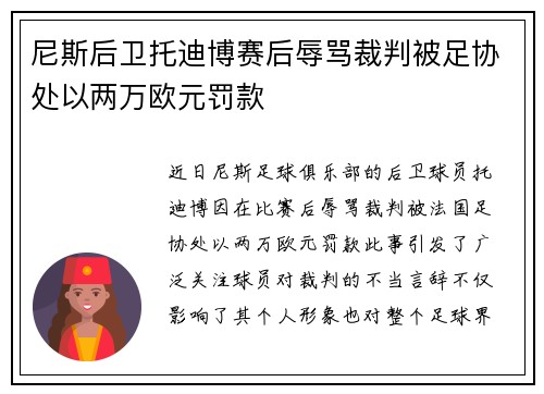 尼斯后卫托迪博赛后辱骂裁判被足协处以两万欧元罚款